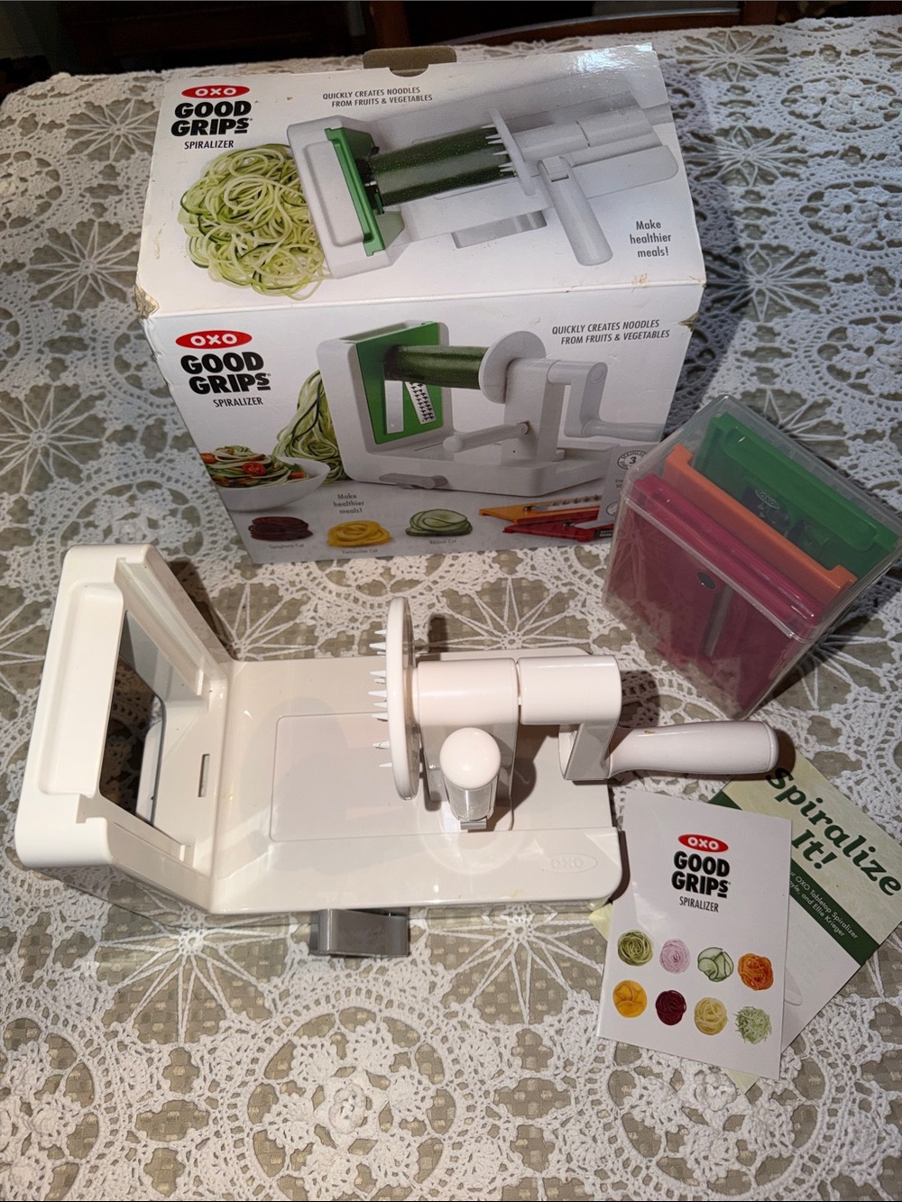 OXO Good Grips Spiralizer in White with Gray Clamp and Colorful Blades & Holders